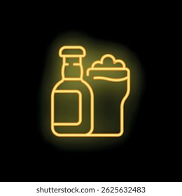 Neon sign is glowing yellow, showing a classic beer bottle and pint glass on a black background