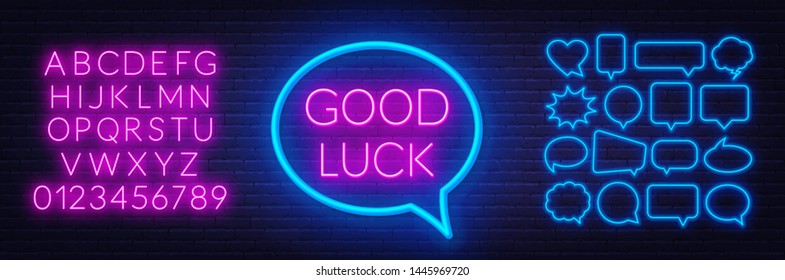 Neon sign good luck in frame on dark background. Set of neon speech bubbles and the alphabet on a dark background. Template for design.