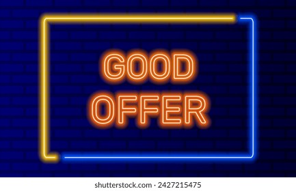 Neon sign good offer in speech bubble frame on brick wall background vector. Light banner on wall background. Good offer button good deal, design template, neon signboard