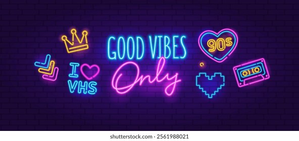 Neon sign Good Vibes Only with neon icons cafe or bar in 90s style. Neon signboard, light banner with text Good Vibes Only. Neon sign for night club, music, party. Editable vector