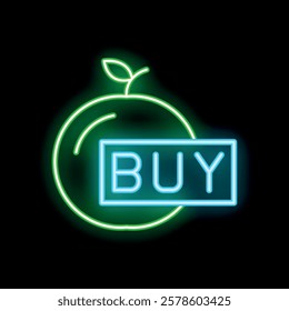 Neon sign of a green apple with a blue buy button, suggesting a purchase