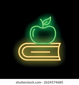 Neon sign of a green apple sitting on top of a book, symbolizing knowledge and education