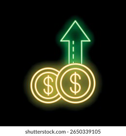 Neon sign of a green arrow pointing up over a stack of golden coins, representing a concept of investment and financial growth