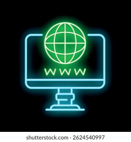 Sinal de néon de um globo verde em uma tela de computador com o texto www abaixo, representando a navegação na Internet