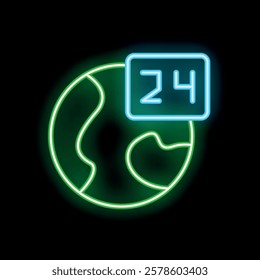 Neon sign of green planet earth with blue twenty four hours sign glowing on black background