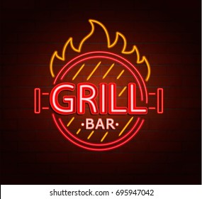 Neon sign of grill bar, bright signboard, light banner. Grill bar logo, emblem and symbol. Vector illustration.