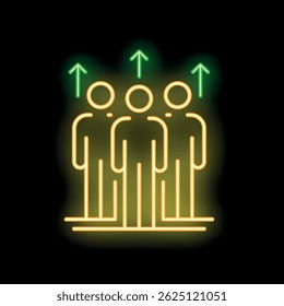 Neon sign of a group of people standing with green arrows pointing up, symbolizing growth and success