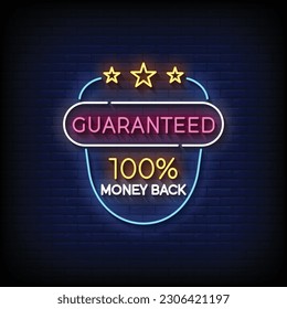 Neon Sign guaranteed 100 percent money back with brick wall background vector