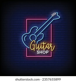 Neon Sign guitar shop with brick wall background vector