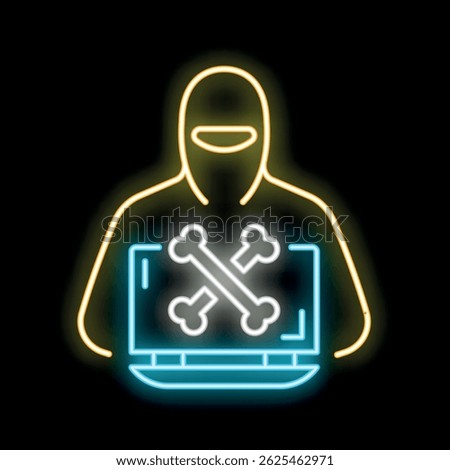 Neon sign of a hacker using a laptop with a skull and crossbones symbol on the screen