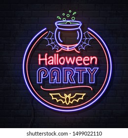 Neon sign halloween party with cauldron and potion. Vintage electric signboard.