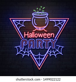 Neon sign halloween party with cauldron and potion. Vintage electric signboard.