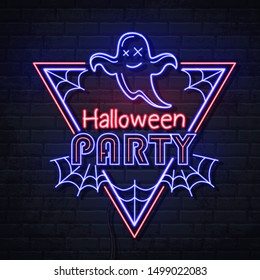 Neon sign halloween party with ghost and spider web. Vintage electric signboard.