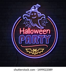 Neon sign halloween party with ghost and spider web. Vintage electric signboard.