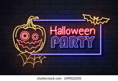 Neon sign halloween party with jack lantern and spider web. Vintage electric signboard.