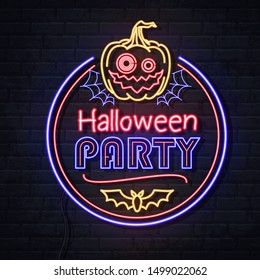 Neon sign halloween party with jack lantern and spider web. Vintage electric signboard.