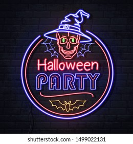 Neon sign halloween party with skull and spider web. Vintage electric signboard.