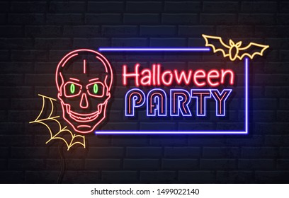 Neon sign halloween party with skull and spider web. Vintage electric signboard.