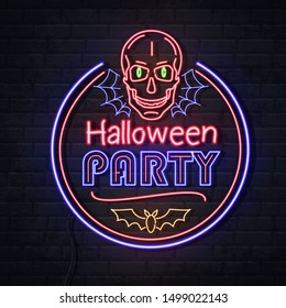 Neon sign halloween party with skull and spider web. Vintage electric signboard.