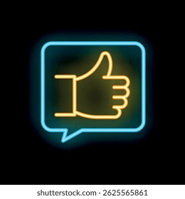 Neon sign of a hand giving a thumbs up inside a speech bubble, glowing on a black background