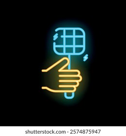 Neon sign of a hand holding an electric mosquito swatter, perfect for projects related to pest control, summer nights, and outdoor activities