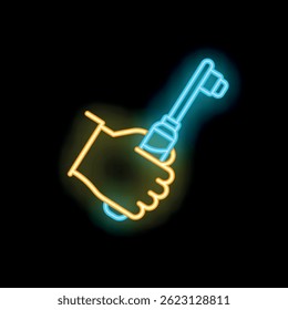 Neon sign of a hand holding an electric toothbrush, glowing yellow and blue on a black background