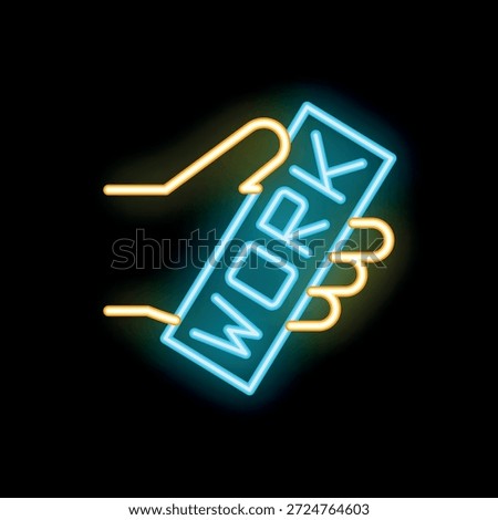 Neon sign of a hand holding a remote control with the word work on it