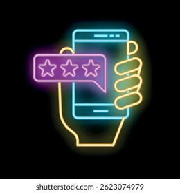 Neon sign of a hand holding a smartphone with a five stars review on the screen