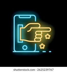 Neon sign of a hand holding a smartphone and leaving a five stars review