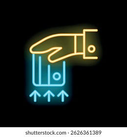 Neon sign of a hand holding a smartphone with three blue arrows pointing up from the bottom of the phone