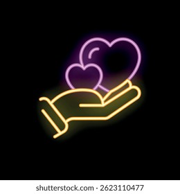 Neon sign of a hand holding two hearts glowing brightly against a dark background