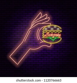 Neon sign.The hand holds sandwich.The shining poster.Fast food.Design element for cafe, restaurant.Vector illustration.