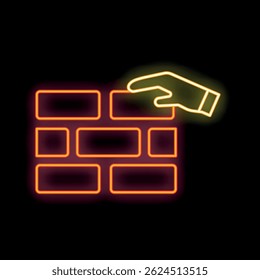 Neon sign of a hand laying a brick on a wall, representing construction and building concepts