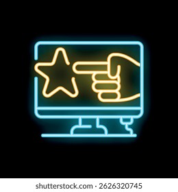 Neon sign of a hand pointing a star on a computer screen on a black background