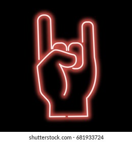 Neon sign hand that rocks finger.Red sign on a black background. vector illustration.