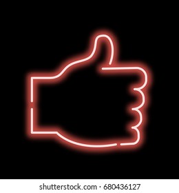 Neon sign of a hand with a thumb up. Red color on a black background. vector illustration.