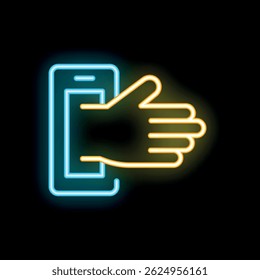 Neon sign of a hand touching a smartphone screen on a black background