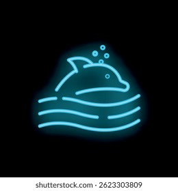 Neon sign of a happy dolphin jumping out of stylized water waves