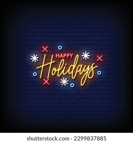 Neon Sign happy holidays with brick wall background vector