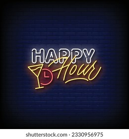 Neon Sign happy hour con el vector de fondo de pared de ladrillo