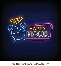 Neon Sign happy hour con el vector de fondo de pared de ladrillo