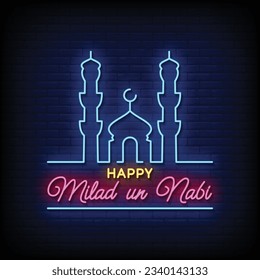 Neon Sign happy milad nabi with brick wall background vector
