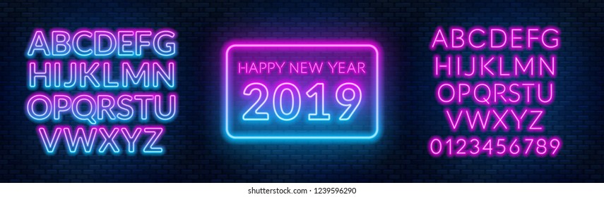 Neon sign happy new year on a dark background with bright alphabets.