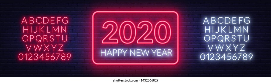 Neon sign happy new year 2020 on a dark background with bright alphabets. Can be used for greeting card, invitation and other. Vector illustration.