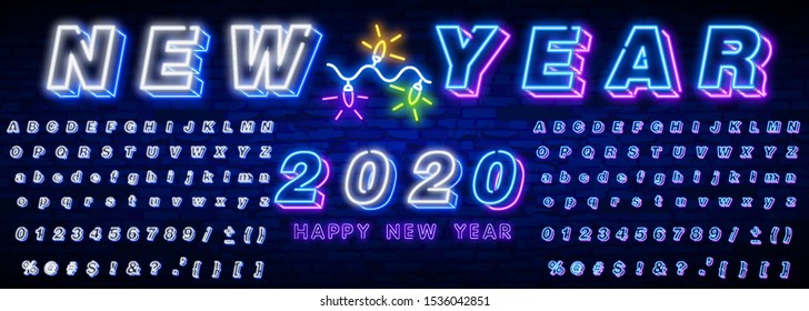 Neon sign happy new year 2020 on a dark background with bright alphabets. Can be used for greeting card, invitation and other. Vector illustration.