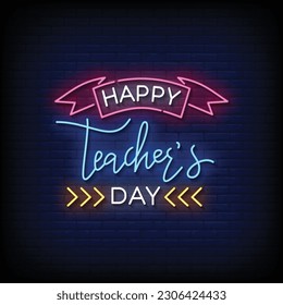 Neon Sign happy teacher day with brick wall background vector