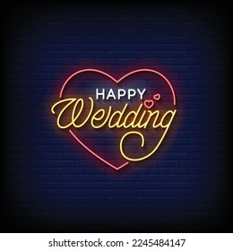 neon sign happy wedding with brick wall background vector illustration