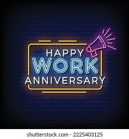 Neon Sign happy work anniversary with brick wall background vector