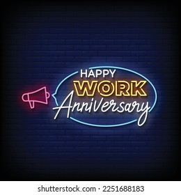 neon sign happy work anniversary with brick wall background vector illustration