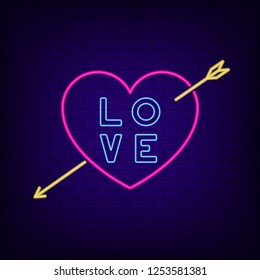 Neon sign of heart with arrow and "LOVE" text. Night light design for Valentine's day. Vector illustration.